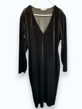 Good American Black Crushed Velvet Ribbed Deep V-Neck Midi Dress 7 Like New